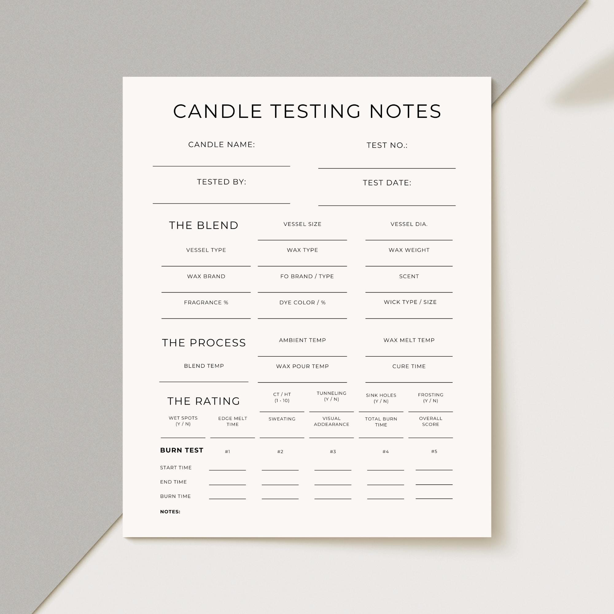 Candle Testing Worksheet, Burn Test, Test Sheet, Testing Notes, Logbook ...