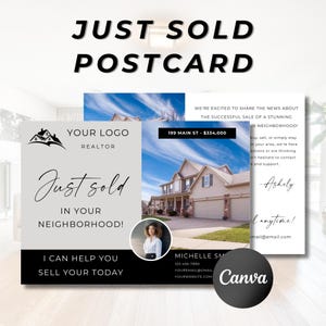 Puede incluir: Un diseño de postal de bienes raíces con el texto "Recién vendido" en letras grandes y en negrita. La postal incluye una foto de una casa, el logotipo de un agente inmobiliario e información de contacto. El diseño es en negro, blanco y gris.