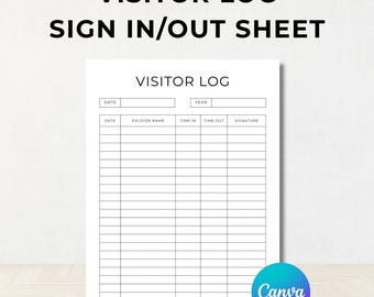 Visitor Log Sign-In & Sign-Out Sheet Template, Sign-In and Sign-Out Printable, PDF, US Letter, Fully Editable, Instant Download