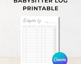 Babysitter Log Template, Babysitter Tracker, Parents Babysitter Log, Nanny Tracking, Fully Editable, Instant Download, Canva