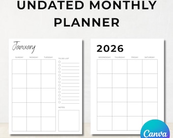 2026 Undated Monthly Planner, Monthly Calendar Printable, Lined & Unlined Planner, Month on Two Pages, Month At a Glance, Calendar Inserts