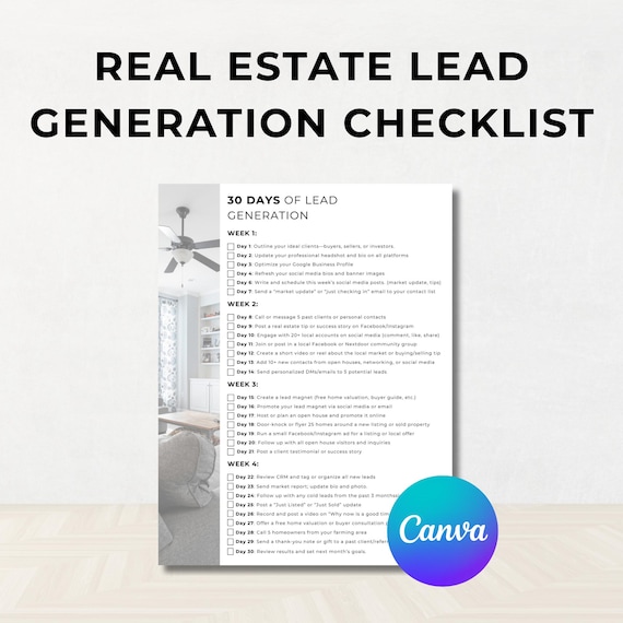 Real Estate Lead Generation Checklist, Real Estate Marketing, Action Steps for Daily Lead Generating Activities, Printable Template, Canva