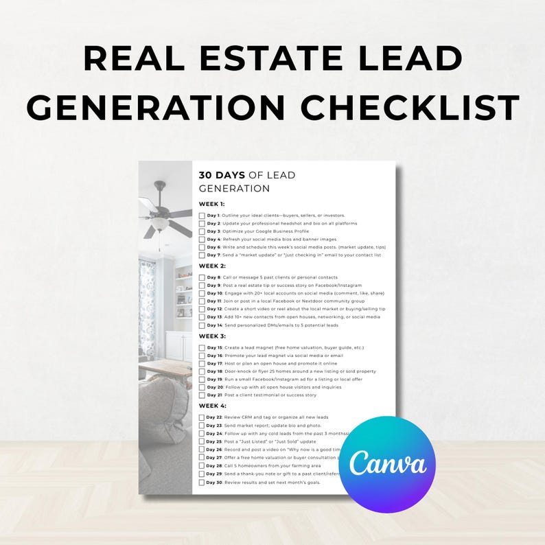 K&ouml;nnte beinhalten: Eine wei&szlig;e Checkliste mit dem Titel "Real Estate Lead Generation Checklist" mit dem Text "30 Days of Lead Generation". Das Canva-Logo befindet sich in der unteren rechten Ecke. Die Checkliste enth&auml;lt Aufgaben f&uuml;r jede Woche.