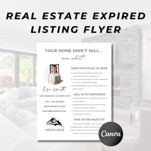 Può includere: Un volantino bianco con testo nero che pubblicizza servizi immobiliari. Il volantino presenta una foto di una donna con il testo "Lisa Smith, San Francisco, CA Realtor" e le informazioni di contatto. Il volantino include anche il testo "La tua casa non è stata venduta... E adesso?" e "Acquista con tranquillità" e "Vendi con fiducia". Il volantino include anche il testo "Perché sono la scelta giusta" e un logo con il testo "Il tuo logo".