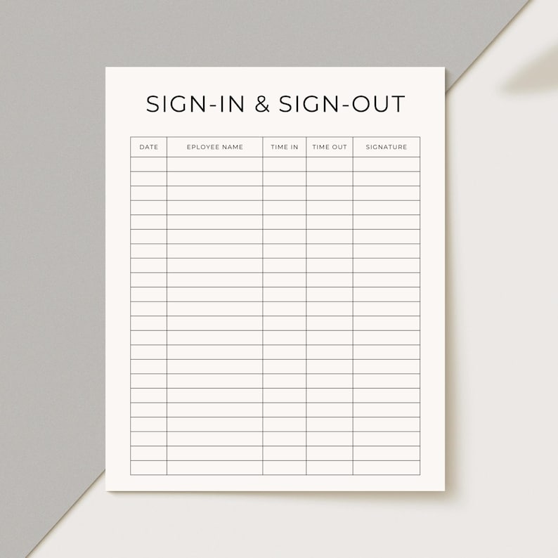 Staff Sign-in & Sign-out Sheet Template, Fancy Font, Sign-in and Sign ...