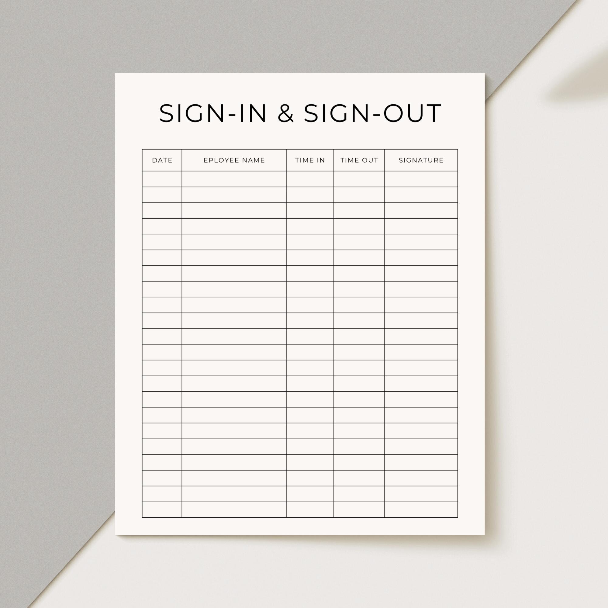 Staff Sign-in & Sign-out Sheet Template, Fancy Font, Sign-in and Sign ...