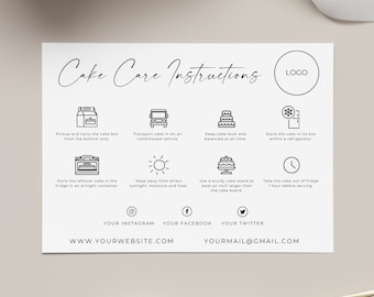 Cake Care Instructions Card Printable, Cake Care Card Template, Small Business Cake Care Cards, Cake Care Guide, Cake Instructions, Canva