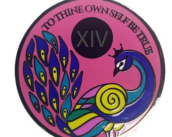May include: A round pink enamel pin with a peacock design. The peacock has a blue body, green and yellow tail feathers, and a crown. The pin also features the text "To Thine Own Self Be True" and the Roman numeral "XIV".