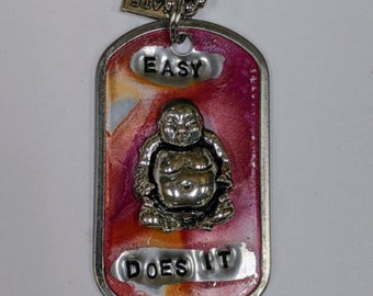 Easy Does It Buddha Dog Tag Necklace - Boho Pink - Recovery Gift