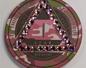 Pink Camo AA Light Rose Crystallized Yearly Poker Chip - Sobriety Milestone - Alcoholics Anonymous