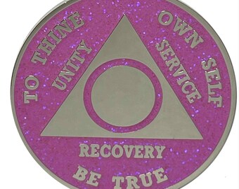 Custom AA Medallion - Pink Glitter - Personalized Sobriety Milestone Coin