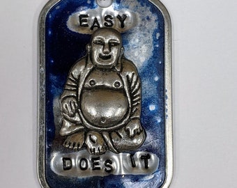 Easy Does It Buddha Dog Tag Necklace - Night Sky Blue - Recovery Gift