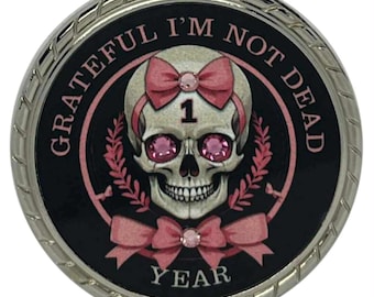 Grateful I'm Not Dead Yearly Skull with Pink Bows Crystallized Recovery Medallion - Sobriety Milestone - Alcoholics Anonymous