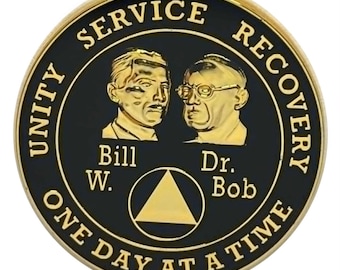 Custom AA Medallion - Bill and Bob - Gold and Black - Personalized Sobriety Milestone Coin