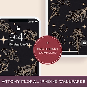 May include: A black iPhone wallpaper with a gold floral design, stars, a crescent moon, a moth, and the text "9:41 Monday, June 3".
