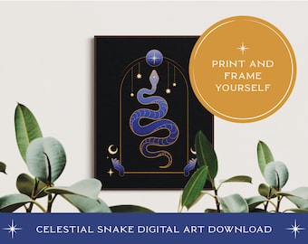 Celestial Snake Digital Art Download | Printable Witchy Animal Illustration | Gold Foil Texture Effect