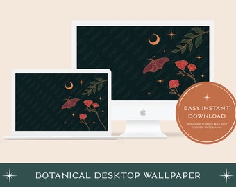 Botanical Desktop Wallpaper | Celestial Moth & Floral Line Art (Digital Download)