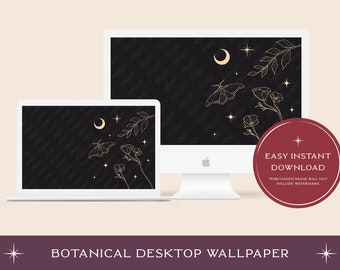 Floral Desktop Wallpaper | Aesthetic Celestial Botanical Background | Minimal Black and White Lineart