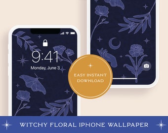 Witchy Floral iPhone Wallpaper | Moody Blue Botanical (Digital Download)