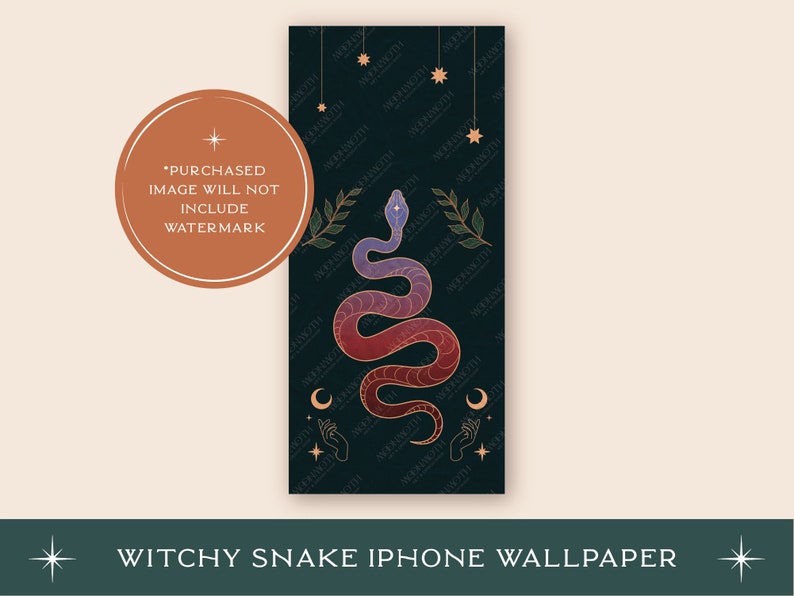 Peut inclure: Un fond d'&eacute;cran de t&eacute;l&eacute;phone bleu fonc&eacute; avec un contour dor&eacute; d'un serpent avec un d&eacute;grad&eacute; de rouge et de violet. Le serpent est entour&eacute; d'&eacute;toiles dor&eacute;es, de lunes et de mains. Le texte "Witchy Snake iPhone Wallpaper" est en bas de l'image.