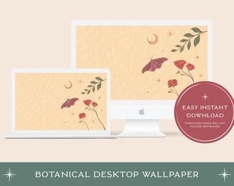 Floral Desktop Wallpaper | Aesthetic Celestial Botanical Background | Minimal Pastel Lineart