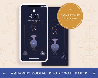 Celestial Aquarius iPhone Wallpaper | Blue and Gold Astrology (Digital Download)