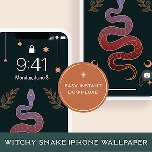 Peut inclure: Un fond d'&eacute;cran iPhone bleu fonc&eacute; avec une illustration stylis&eacute;e d'un serpent avec un d&eacute;grad&eacute; de violet et de rouge. Le serpent est entour&eacute; d'&eacute;toiles, de croissants de lune et de branches feuillues. Le texte "9:41 Lundi 3 juin" est affich&eacute; sur l'&eacute;cran du t&eacute;l&eacute;phone. Le texte "EASY INSTANT DOWNLOAD" est affich&eacute; sur un cercle brun.