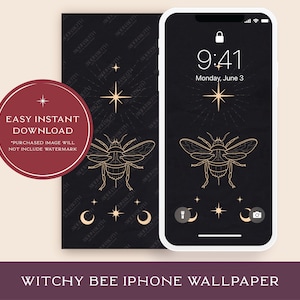 May include: A black iPhone wallpaper featuring a gold outline of a bee and stars. The phone screen shows the time 9:41 and the date Monday, June 3. The text "WITCHY BEE IPHONE WALLPAPER" is at the bottom of the image.