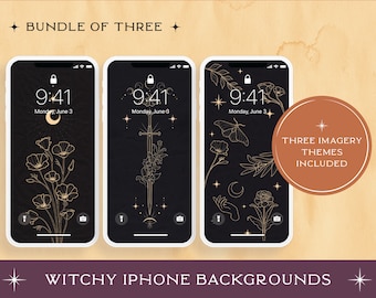 Witchy iPhone Wallpaper | Black & White Botanical Line Art (Digital Download)