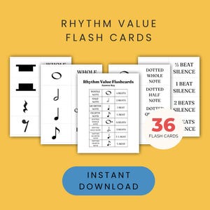 May include: A set of 36 Rhythm Value Flash Cards featuring musical notation symbols and text labels. The cards display various notes, rests, and an answer key table. The text includes Rhythm Value Flash Cards, 36 Flash Cards, and Instant Download.