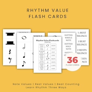 Tarjetas didácticas de ritmo / Valores de notas y silencios para principiantes / Material imprimible de teoría musical / Práctica de conteo de tiempos / Clave de respuestas