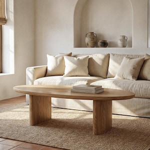 Solid oak coffee table. Oval coffee table. Low living room table. LUMA collection coffee table.