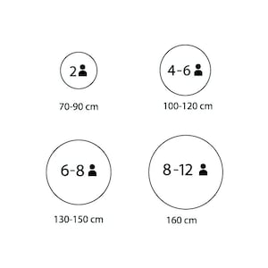 Tamaño de las mesas redondas y número de comensales. 70-90cm 2 comensales. 100-120cm 4 a 6 comensales. 130-150cm, 6 a 8 comensales.160cm, 8 a 12 comensales.