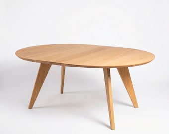 Table ronde extensible en chêne massif, table de salle à manger extensible avec pieds diagonaux.