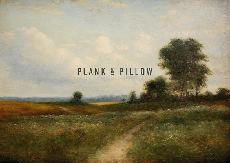 May include: A painting of a rural landscape with a dirt path leading through a field of wildflowers. The sky is a light blue with fluffy white clouds. The text "PLANK & PILLOW" is written in the center of the image.