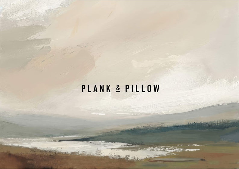May include: A painting of a landscape with a light brown, white, and gray color scheme. The painting depicts a body of water in the foreground with hills in the background. The text 'PLANK & PILLOW' is centered in the middle of the image.