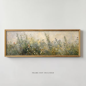 Cuadro panorámico de flores silvestres con diseño de tablones y almohadas / Arte sobre la cama / Paisaje campestre / Pintura de paisajes / Arte mural