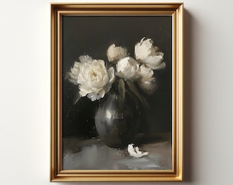 Plank & Pillow White Peony Painting | Moody Still Life Print | Large Print | Flower Art