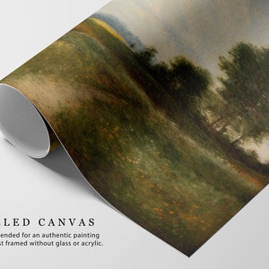 May include: Rolled canvas print of a landscape painting featuring a grassy hillside with trees in the background. The sky is a light blue with white clouds. The text "ROLLED CANVAS" is printed in black at the bottom of the image. "Recommended for an authentic painting look. Best framed without glass or acrylic."
