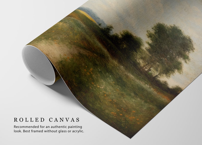 May include: Rolled canvas print of a landscape painting featuring a grassy hillside with trees in the background. The sky is a light blue with white clouds. The text "ROLLED CANVAS" is printed in black at the bottom of the image. "Recommended for an authentic painting look. Best framed without glass or acrylic."