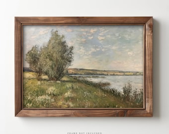 Vintage Lake Landscape Art Print: Impressionist Painting