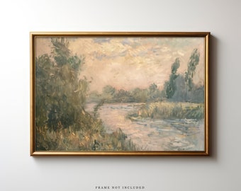 May include: A painting of a river scene with trees and a cloudy sky. The river is a light blue color and the sky is a light pink color. The trees are a dark green color.