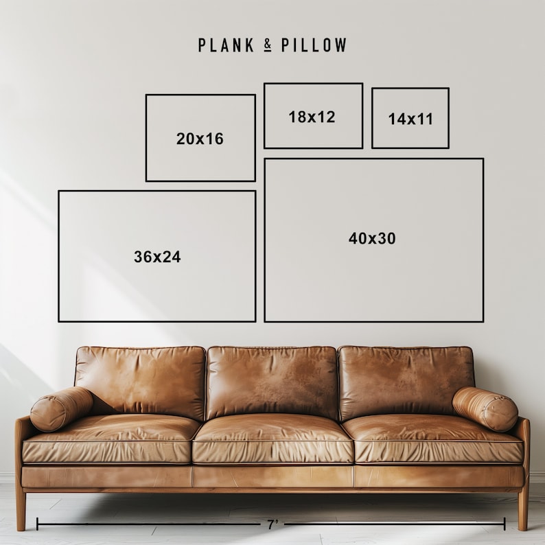 May include: A diagram showing different sizes of framed artwork above a brown leather sofa. The sizes are labeled in inches, with the largest being 40x30 inches and the smallest being 14x11 inches. The text "PLANK & PILLOW" is at the top of the diagram.