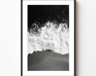 Black and White Ocean Wave Print: Aerial Beach Photography, Coastal Wall Art