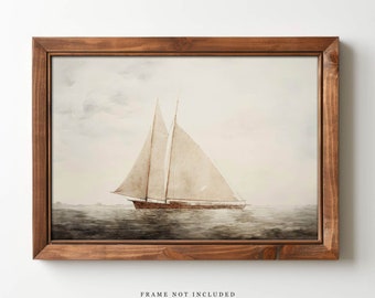 May include: A watercolor painting of a sailboat with white sails on a calm, light blue sea. The sky is a soft, pale blue with wispy clouds. The painting is framed in a dark brown wood frame.