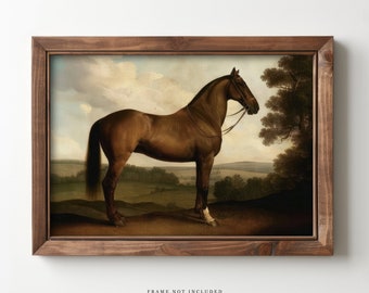 Plank & Pillow Antique Horse Painting | Vintage Equestrian Art | Vintage Wall Art | Large Print | Landscape Oil Painting