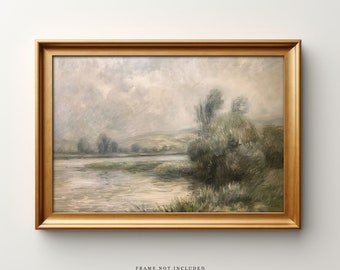 May include: A framed painting of a landscape with a river, trees, and a cloudy sky. The painting is in a gold frame.