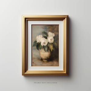 White Flowers Still Life Painting Print: Vintage Art