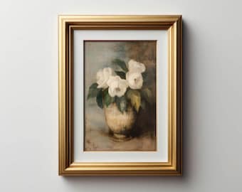 May include: A framed painting of a white flower bouquet in a vase. The flowers are white with green leaves and the vase is a light brown color. The background is a light blue and brown color.