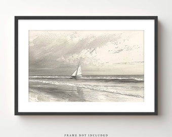 Plank & Pillow Sailboat Drawing | Beach Sketch | Coastal Art | Large Print | Vintage Art